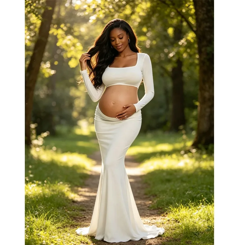 Maternity Photoshoot Long Mermaid Dress, Square Neck Cut Out Belly Open Back Pregnancy Gown, High Elastic Slim Maxi Dress