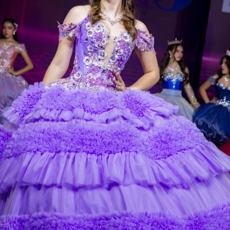 Lavender Quinceanera Dress off-shoulder Sequins Lace Frill 3D Flower Decal Long tail vestidos de 15 Quinceanera ﻿Customize