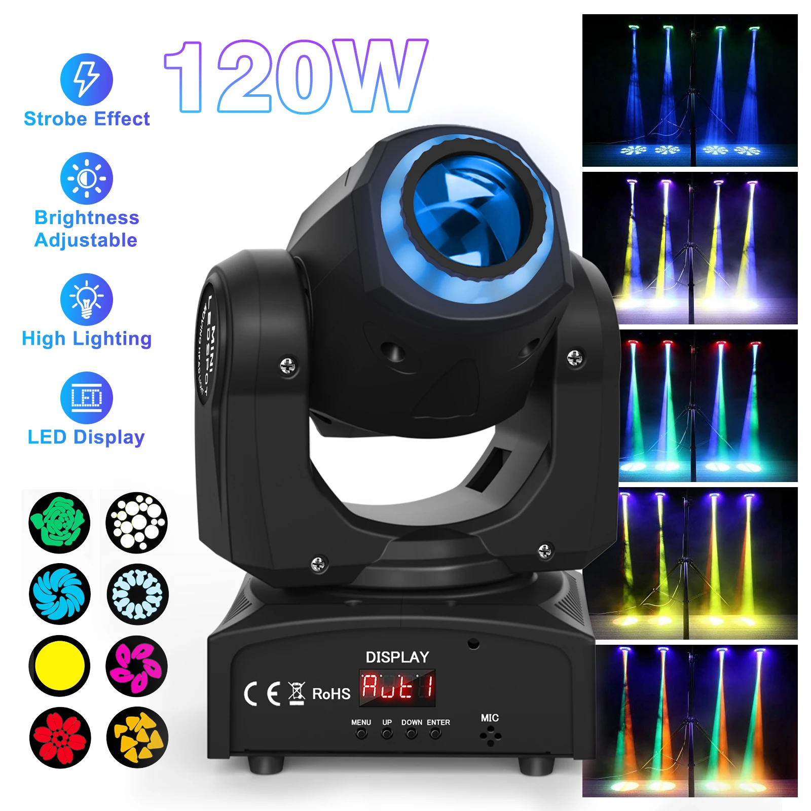 

Professional DJ Stage Lighting Disco Lights LED Beam Moving Head Light RGB Color 8 Patterns DMX Effect Rotating Show Fixture