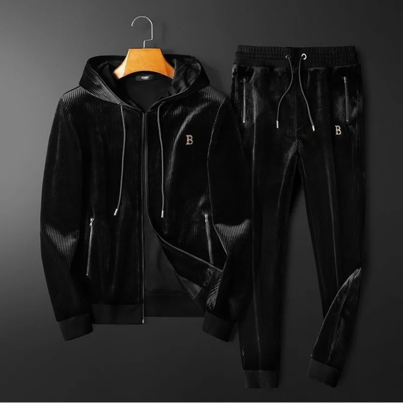 Men's Velvet Two-Piece Set Casual Spring Outerwear Pants Fashion Youth Suit European American Style 2025