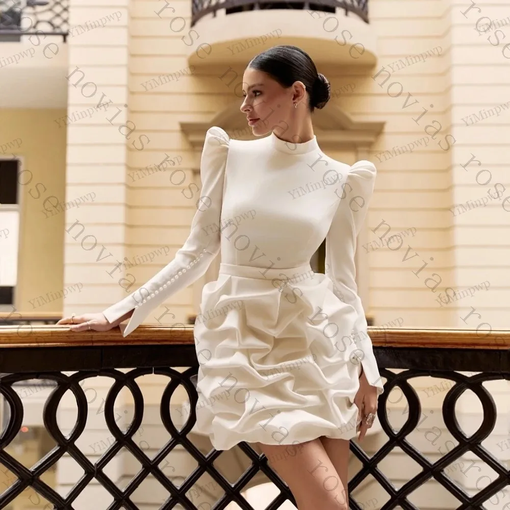 Modern Satin Mini Straight Wedding Dress Simple Long Sleeves High Neck Pleated Bridal Gown Sexy Open Back Short Dress Customized