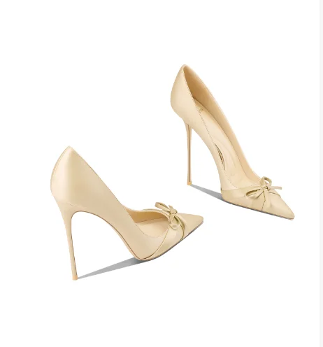 French style apricot pointed thin heel high-heeled shoes for women's summer, new bow decoration socialite style high-end feeling
