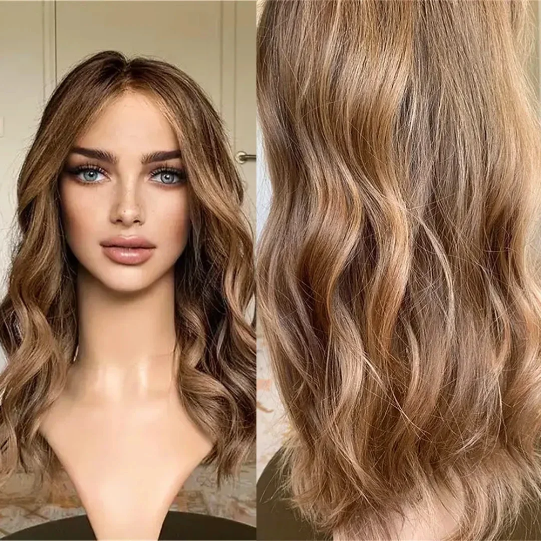 

HD Lace Front Wig Shoulder Length Synthetic Fiber Brunette Blonde Highlights for Women Daily Party Use