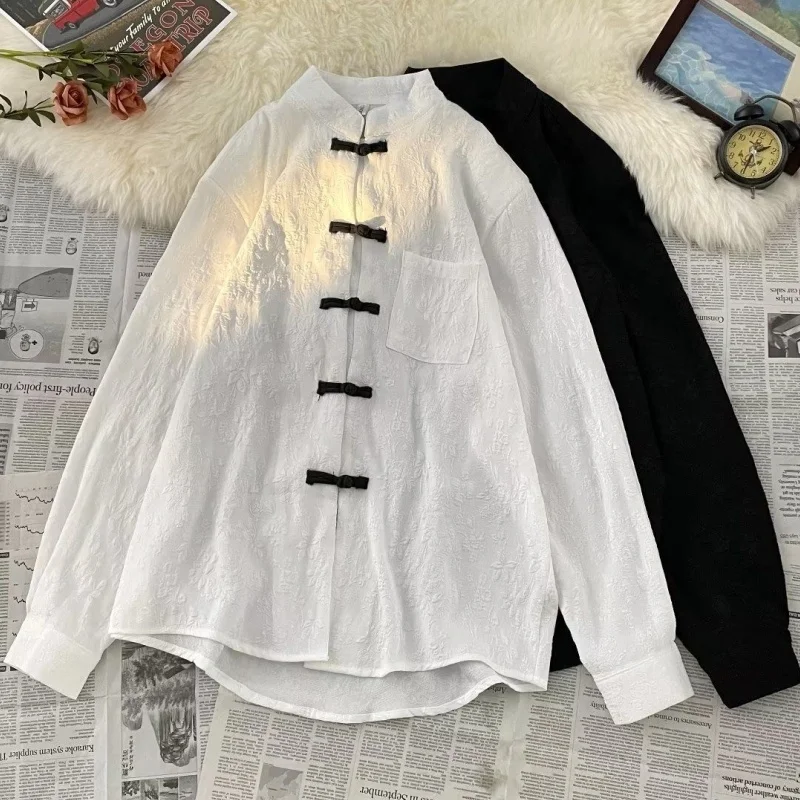 

Large Size Chinese Style Shirt with Button Design Spring Autumn Stand Collar Men's Floral Embroidery Traditional Tang Costume