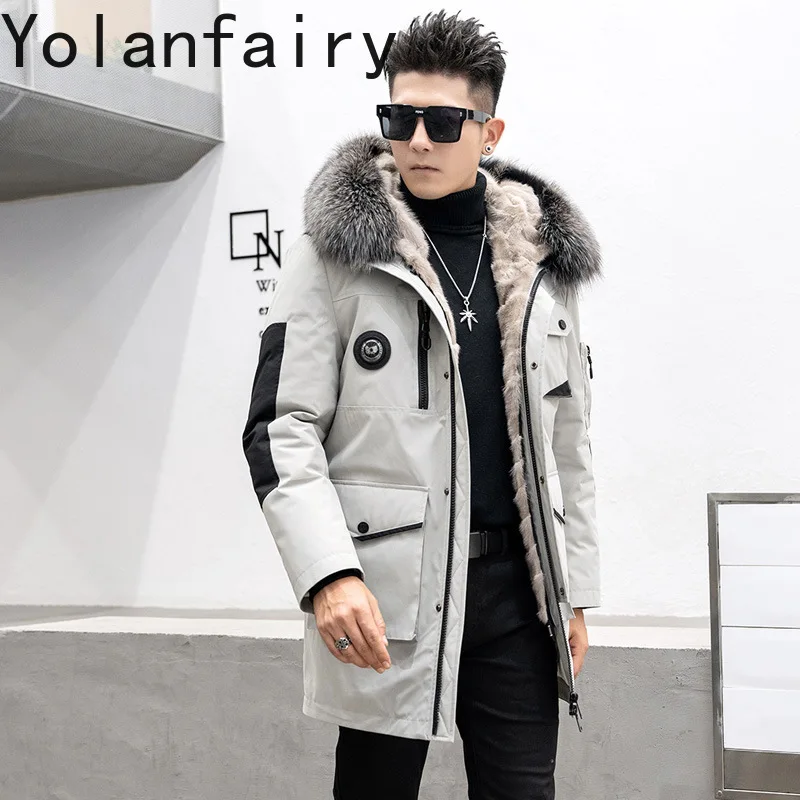 YOLANFAIRY معطف داخلي من فرو المنك الحقيقي للرجال 90% أسفل 10% ريشة شتوية ملابس رجالي طبيعية متوسطة الطول سترة هود بياقة من فرو الثعلب
