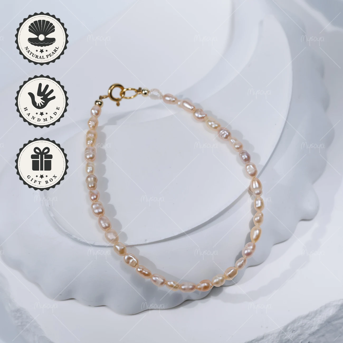 

MYSOYA 3-4mm Pink Freshwater Pearl Bracelet with Golden Bubble Clasp, Birthday Gift, Valentine’s Day, Anniversary Gift