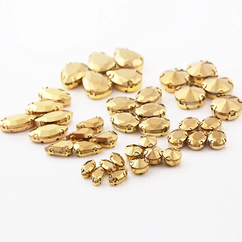 RESEN Top Grade! 50PCS Gold Rhinestone Mix Shape Rhinestone Glass Sew on Rhinestones With Gold Claw For Sewing Diy Garments