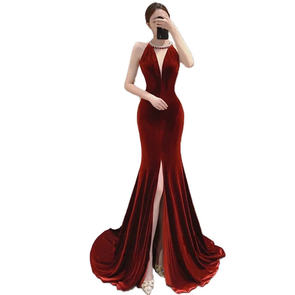 Velvet Elegant Evening Dresses Burgundy Halter Tassel Applique Sexy Backless Mermaid Diamond Split Party Bridal Toast Prom Gowns