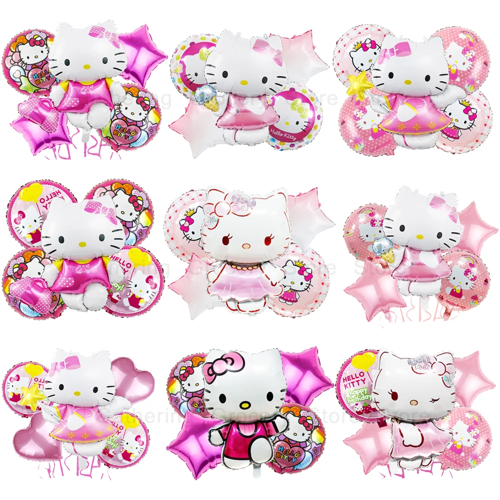 5Pcs Hello Kitty Foil Ballon Kid Party Supplies 18in Round Star Helium Globos Girl Favor Toy Gift Party Supplies Holiday