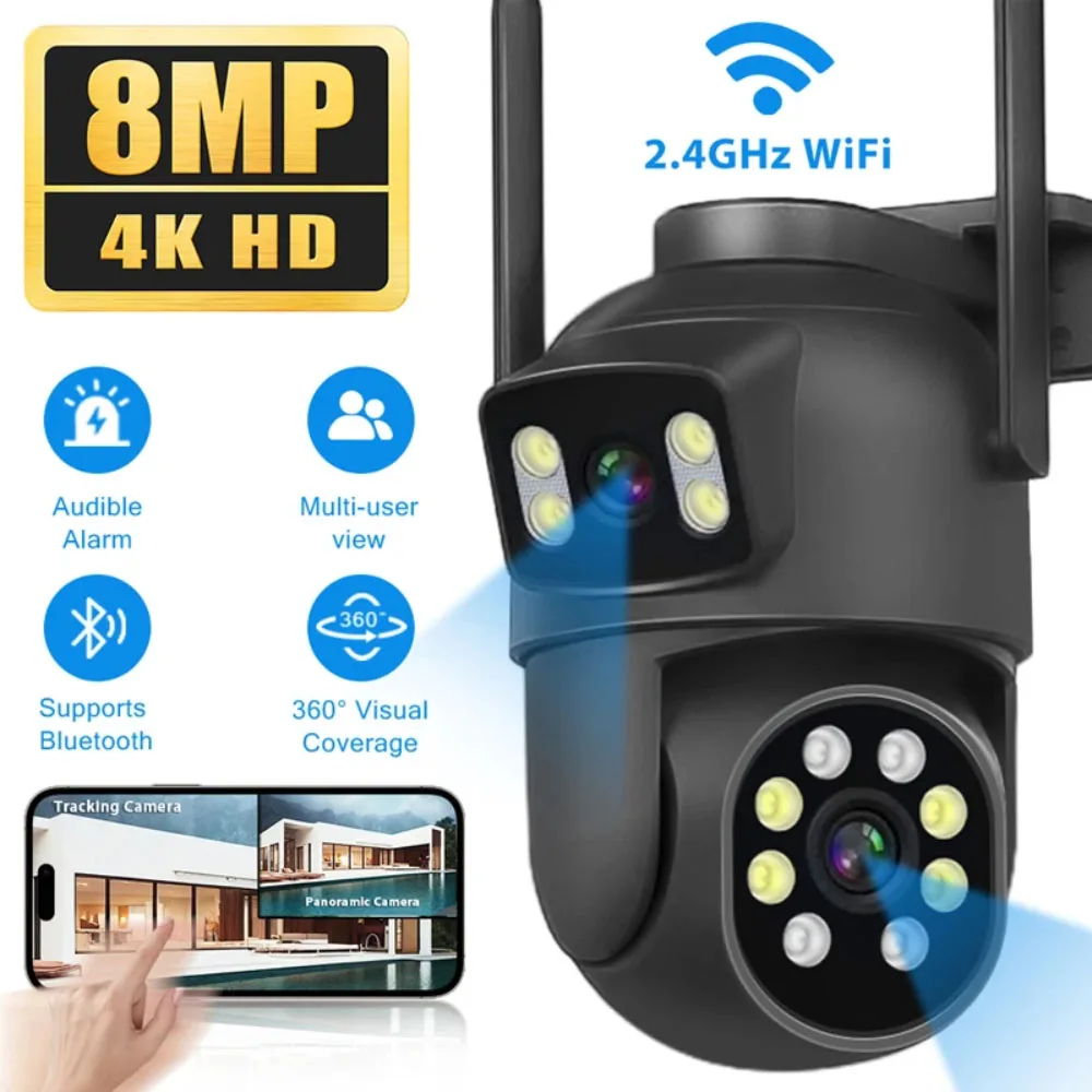 Caméra de permission Extérieure PTZ IP WIFI HD 4K 8MP, Dispositif de Sécurité Sans Fil, avec Vision Nocturne, Zoom x4, Écran AI 6MP