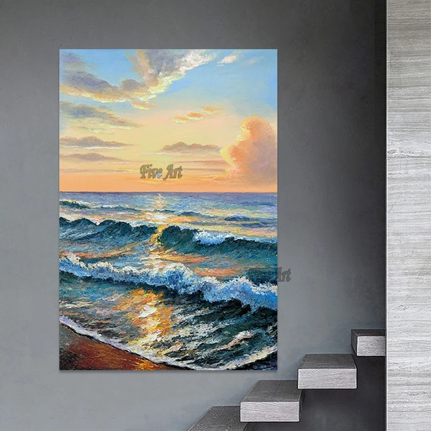 Beautiful Sunrise Seaside Landscape Oil Painting, High Quality, Knife Art, Restaurant Wall Decoration, Canvas Picture, Unframed