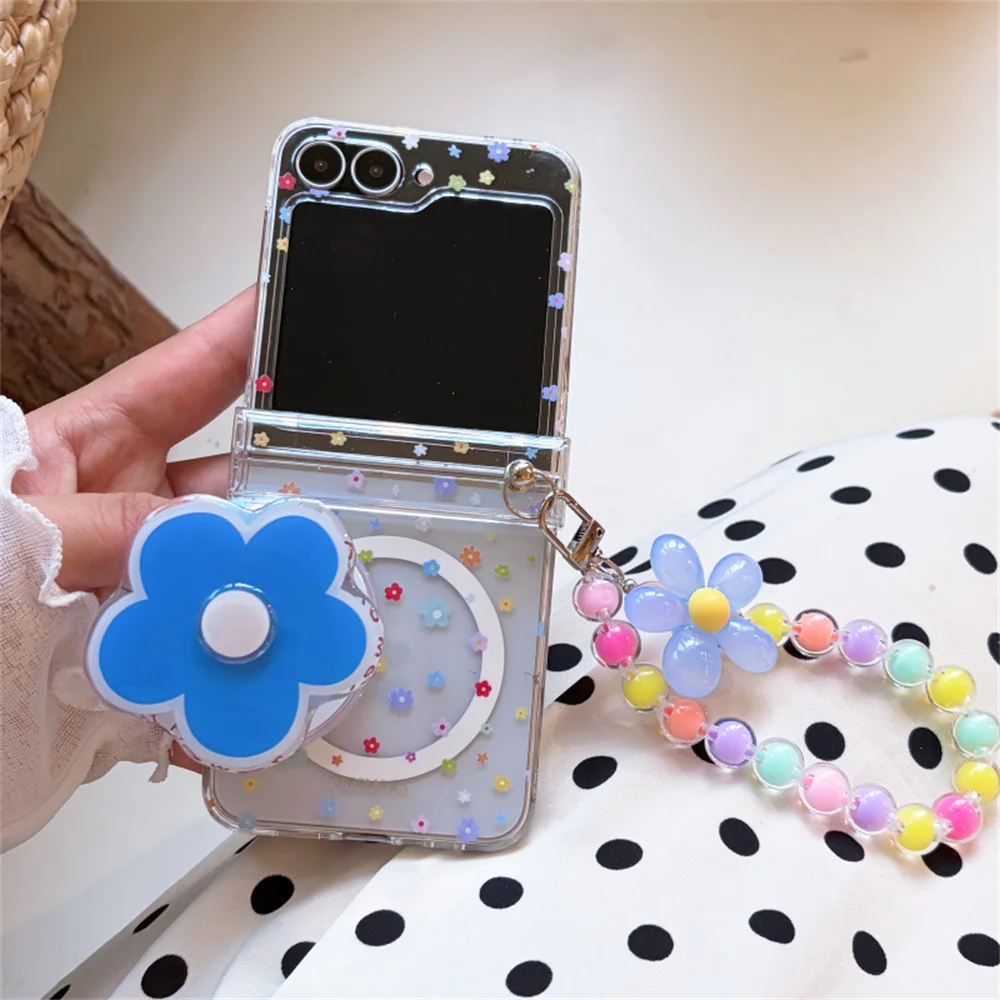 Cute Flower Magnetic Stand Phone Case For Samsung Galaxy Z Flip 8 7 6 5 Clear Hard Cover Tiny Star Print With Beaded Wrist Strap