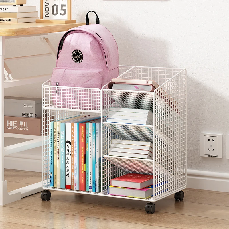 Bookshelf floor shelf movable trolley home desk book storage student bag rack pulley