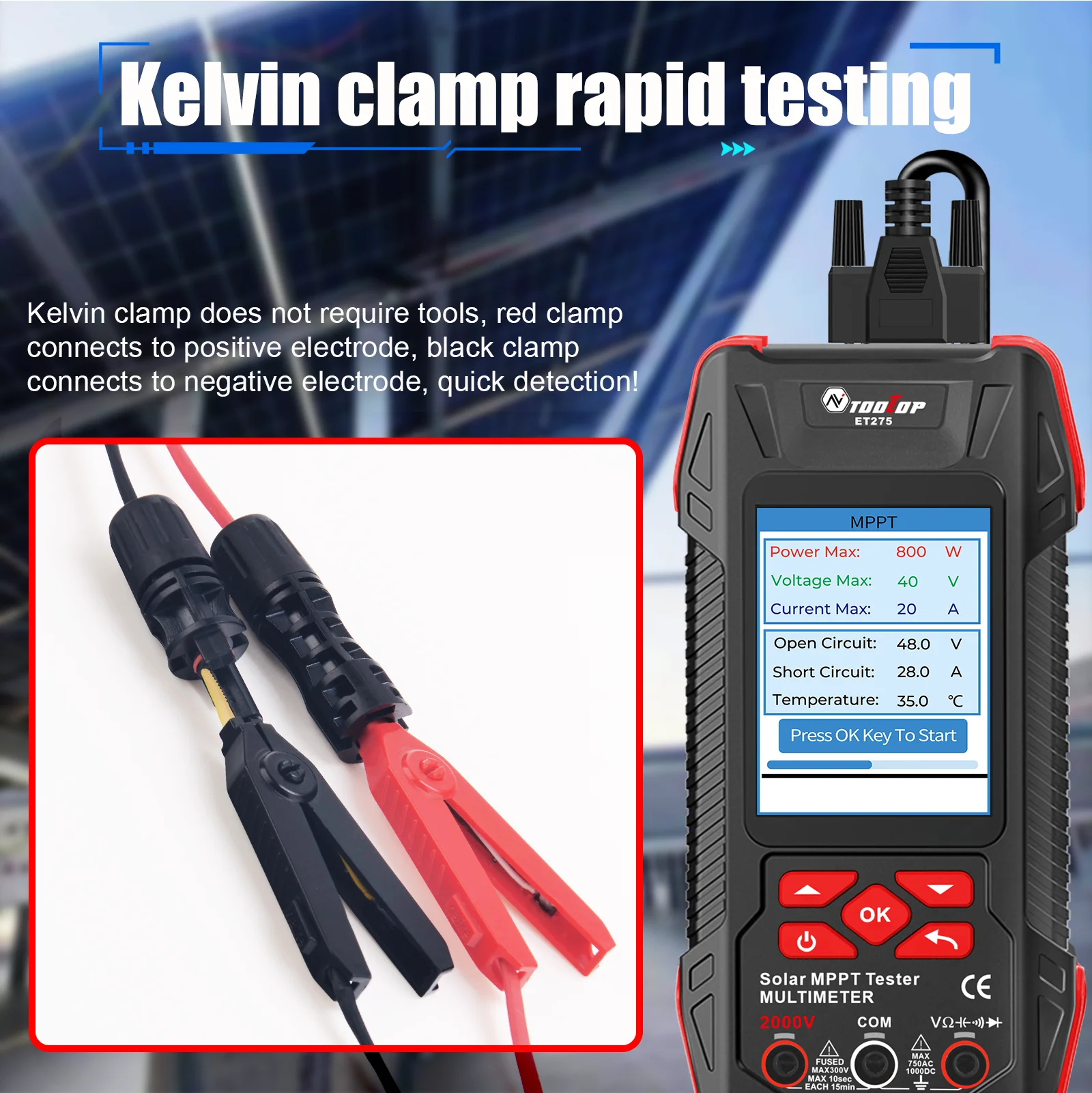 TOOLTOP 2000W Solar MPPT Tester Pmax Voc Isc Photovoltaic Power Meter Multimeter 3.2inch Rechargeable PV Modules Measurement