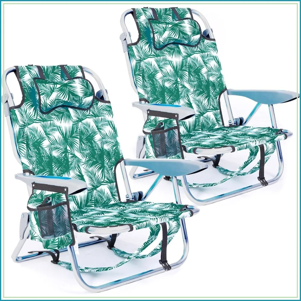 2 Pack Lightweight Portable Folding Beach Chair for Adults, 5 Positions, Green Leaves