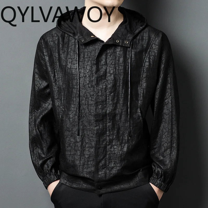 QYLVAWOY High-end 100% Natural Mulberry Silk Shirt Coats for Man Watered Gauze Hooode Jacket Casual Comfort Top Coat Outerwear