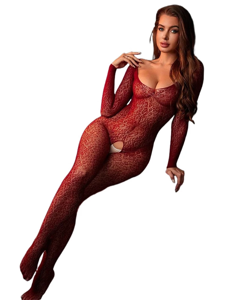 

1 шт. Женское сексуальное белье: комбинезон с глубоким U-образным вырезом, открытой промежностью, длинными рукавами, жаккардовым узором и прозрачной сеткой, для ночных клубов и вечеринок