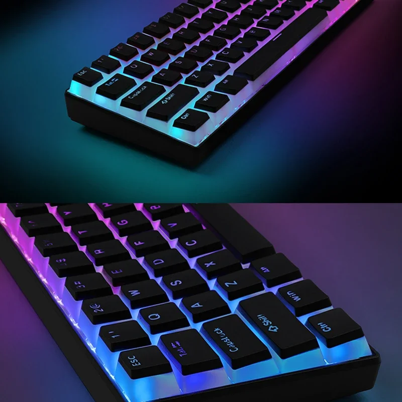 130-key PBT pudding keycaps, OEM profile, customizable RGB, smooth feel, available in black, white, pink, and blue.