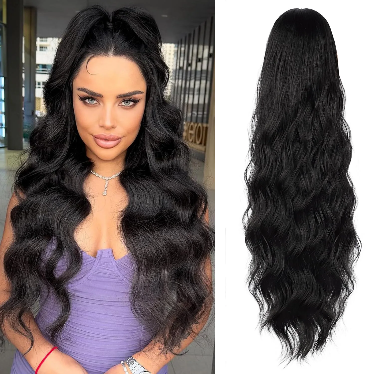 

Наращивание хвоста на шнурке, длинное тело, волнистый черный хвост, наращивание для женщин, синтетические волосы, зажим для наращивания хвоста