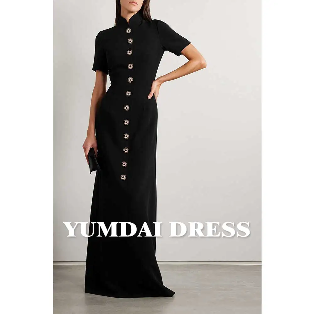 

YUMDAI Arabian Black Crepe Mermaid Luxury Evening Dress 2024 Beaded Button Elegant Ladies Wedding Party Mid Long Sleeve Dress