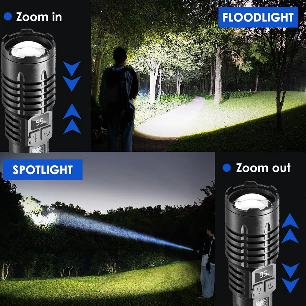 Imagem -03 - Lanterna Led Recarregável de Alta Potência Tocha Tática Bateria Embutida Lâmpada de Mão Tiro Longo para Acampar