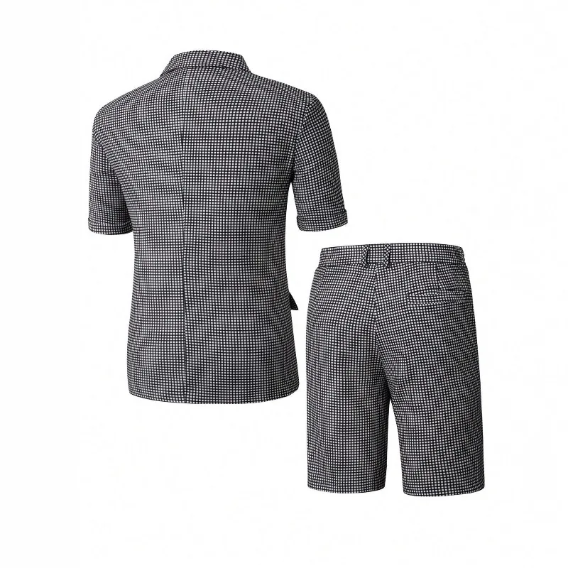 KIDWHXR Men 2-piece Set Summer British Style Turn Down Collar Short Sleeve Blazer Man Straight Short Male Slim Plaid Suit Outfit