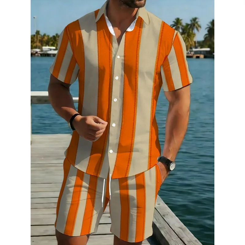 Conjunto de Camisa y Pantalones Cortos a Rayas Beige y Naranja para Hombre, Poliéster Ligero y Duradero, Atuendo Casual de Verano para Playa y Vacaciones