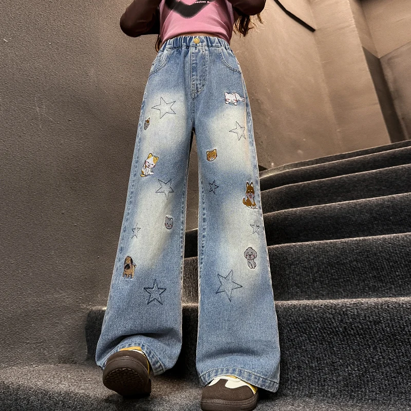 

New Arrival Tween Child Star Pattern Jeans with Cats Print for Girl Fashion Street Style Denim Pants Kids Cartoon Jeans Trousers