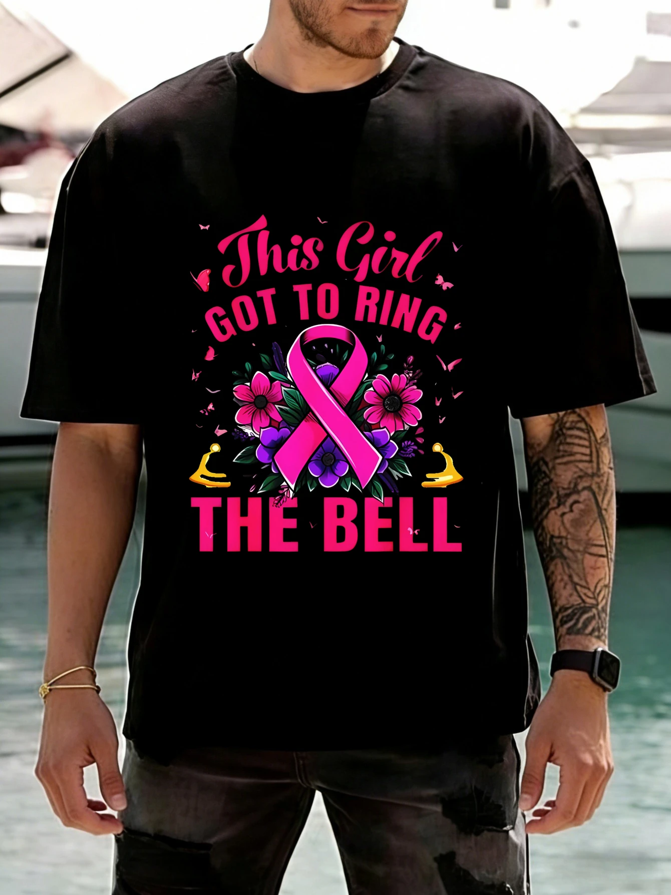 

Mens Short Sleeve T Shirt Printed 'THIS GIRL GOT TO RING THE BELL' Pink Ribbon Graphic Cotton Casual Summer Tshirt for Men Gift