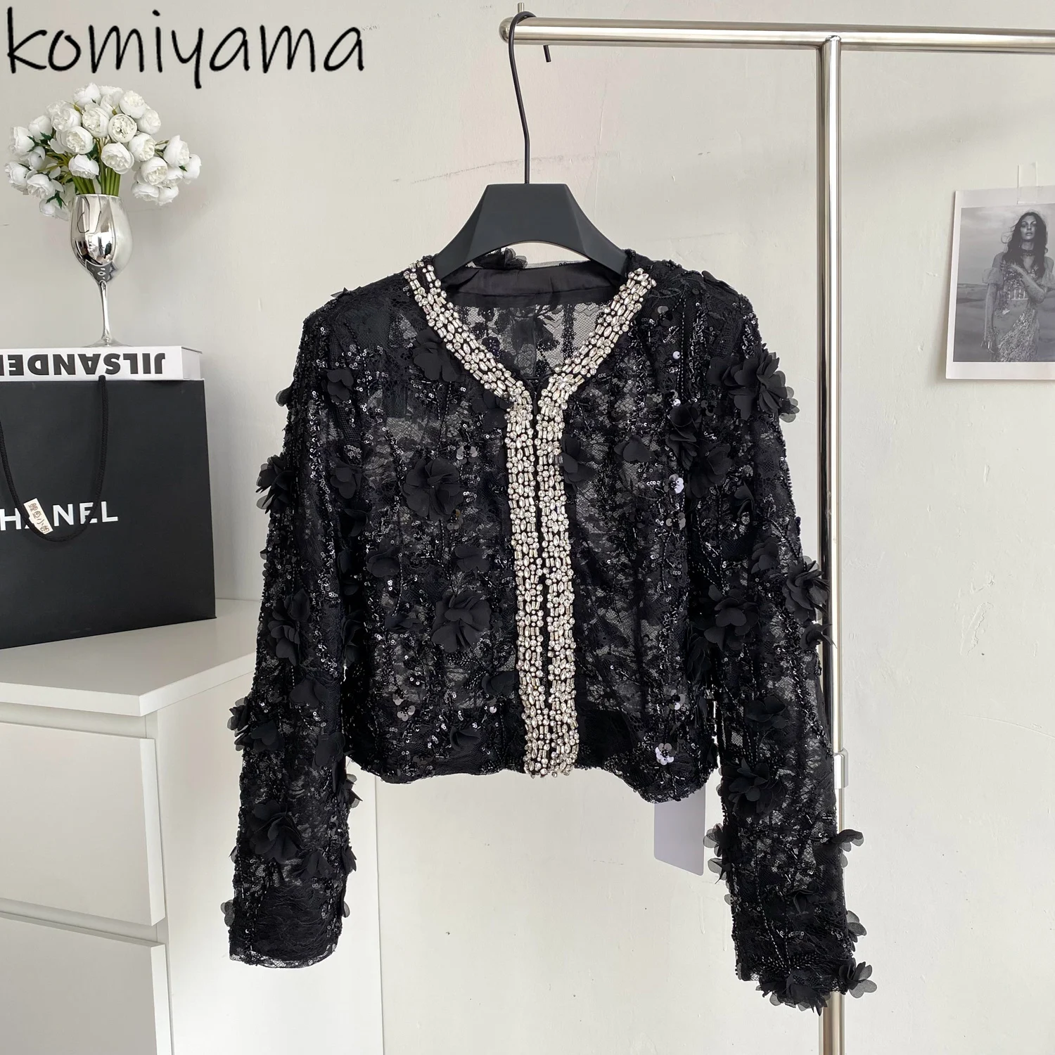 

3d Floral 025 Jacket Bling Sequined Chaquetas De Mujer V-neck Long Sleeve Jackets Autumn Fashion Ropa Mujer Vestes Femmes