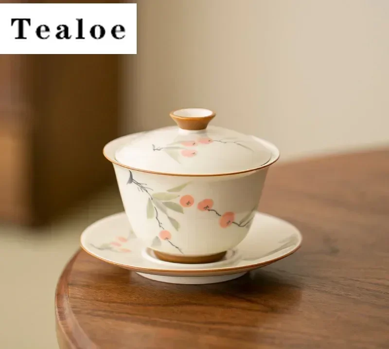

120ml Hand-painted Persimmon Bamboo Cover Bowl Household Anti Scald Gaiwan Handmade Tea Tureen
