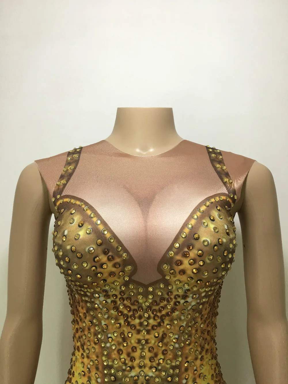 Sexy Nightclub Prom Dancing Costume One-piece Outfit Sparkly Gold Tassel Rhinestones Bodysuit Performance Stage Dance Wear