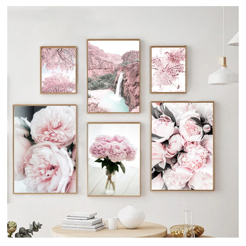 Affiches et imprimés nordiques de montagne de fleurs, toile d'art mural, peinture d'images pour salon, fleurs de cerisier, pivoine, œillet