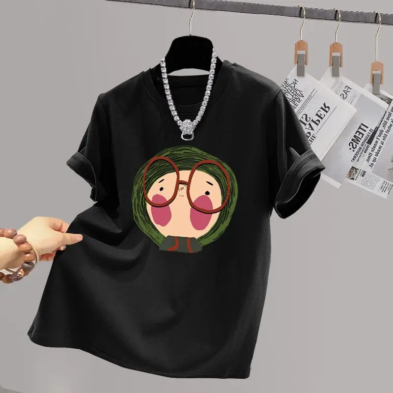 Women Cartoon Printed O-neck T-shirt Summer Basic Pure Cotton Chic Y2k Short Sleeve Tops Comfortable Breathable Top Tees