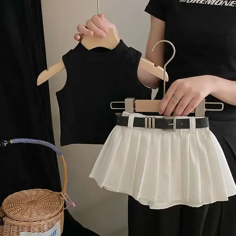 Childrens Clothing 2025 Summer New Girl\'s Fashion Tank Top Sweet Cool Fashion Skirt Set Baby Girl Sweet Simple Clothes