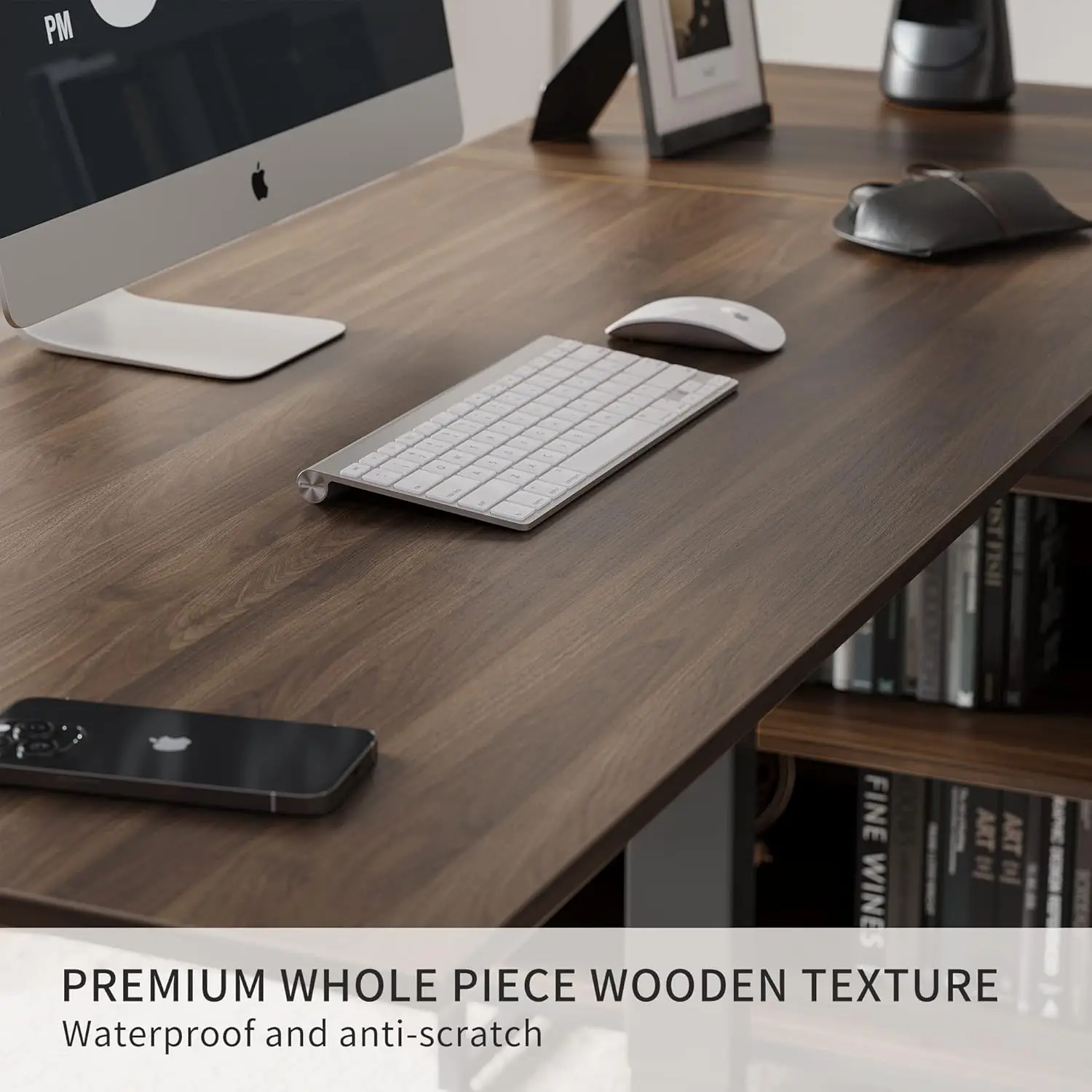 مكتب قائم على شكل حرف L مقاس 66 بوصة مع أدراج وأرفف، طاولة تنفيذية بارتفاع قابل للتعديل، جزء علوي من خشب الجوز الأسود/إطار أسود