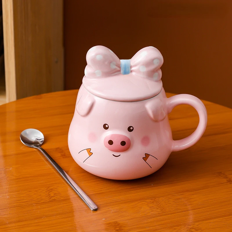 Creative Ceramic Pig Cups Cartoon Coffee Cup Covered Spoon 3D Drinkware Breakfast Milk Mug Afternoon Tea Lover Mugs Couple Gift