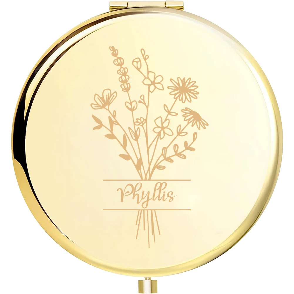 1pc Creative cute flower Personalized Text Laser engraving Pocket Mirror Wedding Party Gifts