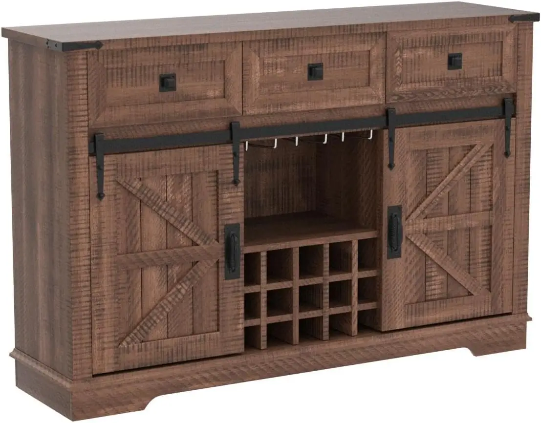 Okd Farmhouse Mueble para bar de vinos con puerta corrediza de granero, mueble para bar de cocina de 54 pulgadas con estante para vino y vasos, estantes de almacenamiento, 3