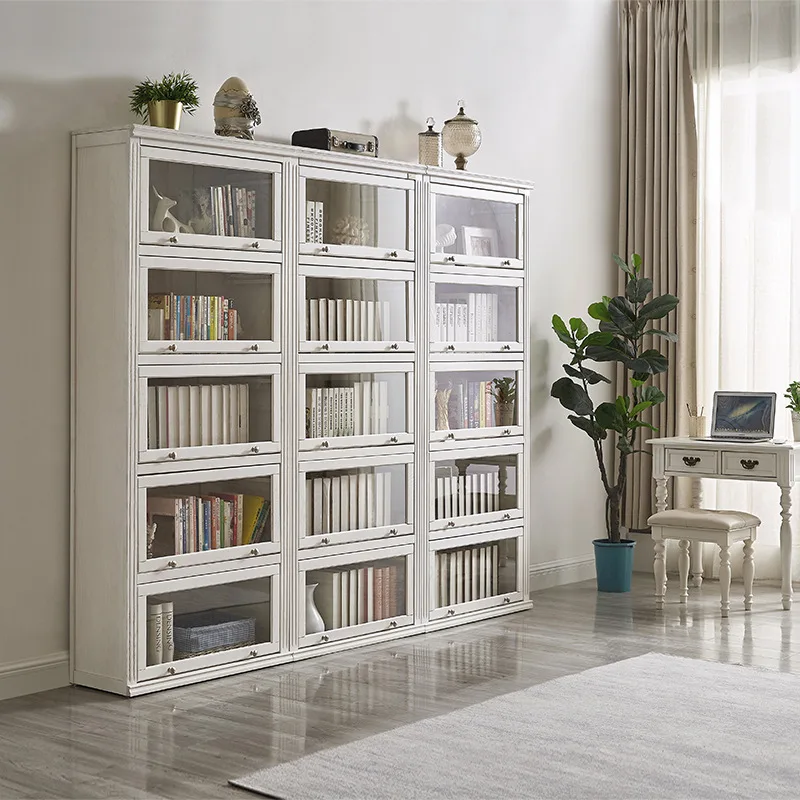 solid wood bookcase living room floor bookshelf dust-proof glass door decorative cabinet