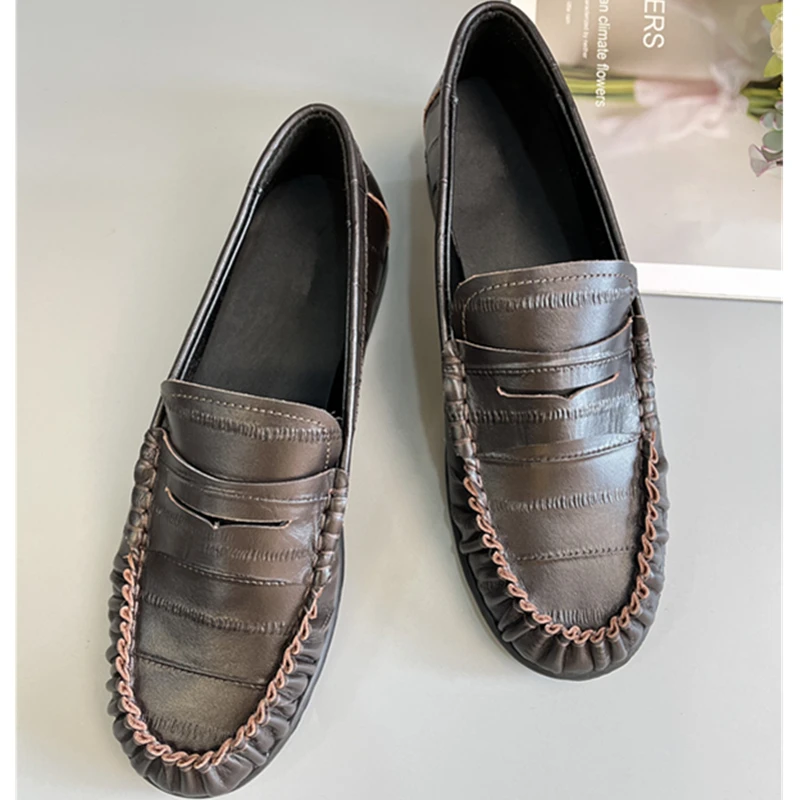 

Jenny&Dave Minimalist Women's Dark Brown Pleated Cowhide Loafers Shoes Soft Comfortable Woman Shoes Shoes For Woman Loafers