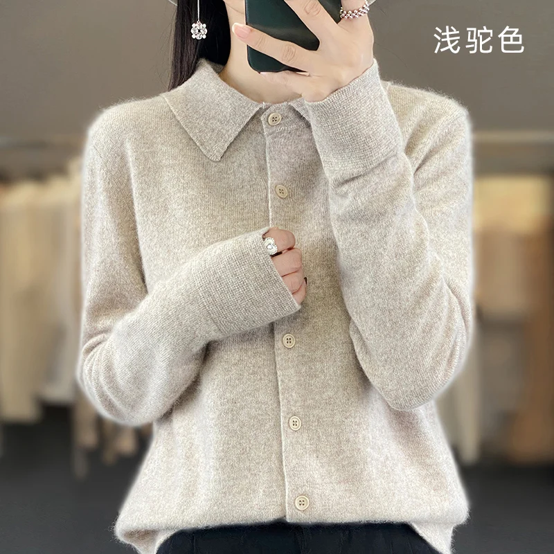 Women\'s POLO Neck 100% Mink Cashmere Cardigan Winter New Long Sleeved Solid Color Jumper Button Lape Mink Cashmere Knit Jacket