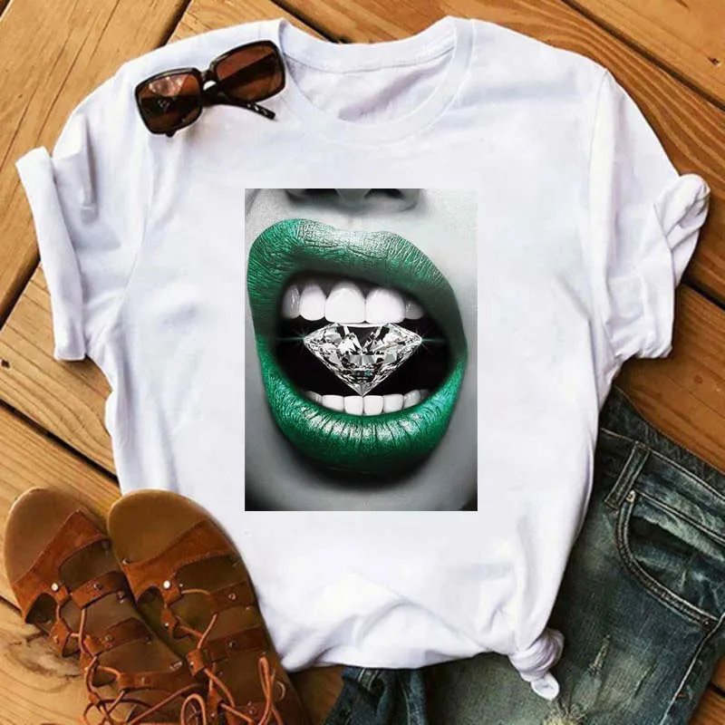 New Sexy Lips Women Tshirt Fashion Graphic Printed T-Shirt Harajuku  Ulzzang Rose Diamond Snake Lips Casual Tops Tee view 3