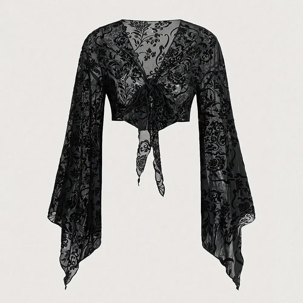 Fashion Lace Trumpet Sleeve Top Black Stage & Dance Wear Crop Top Sexy Midriff-baring Top Dance Practice view 3