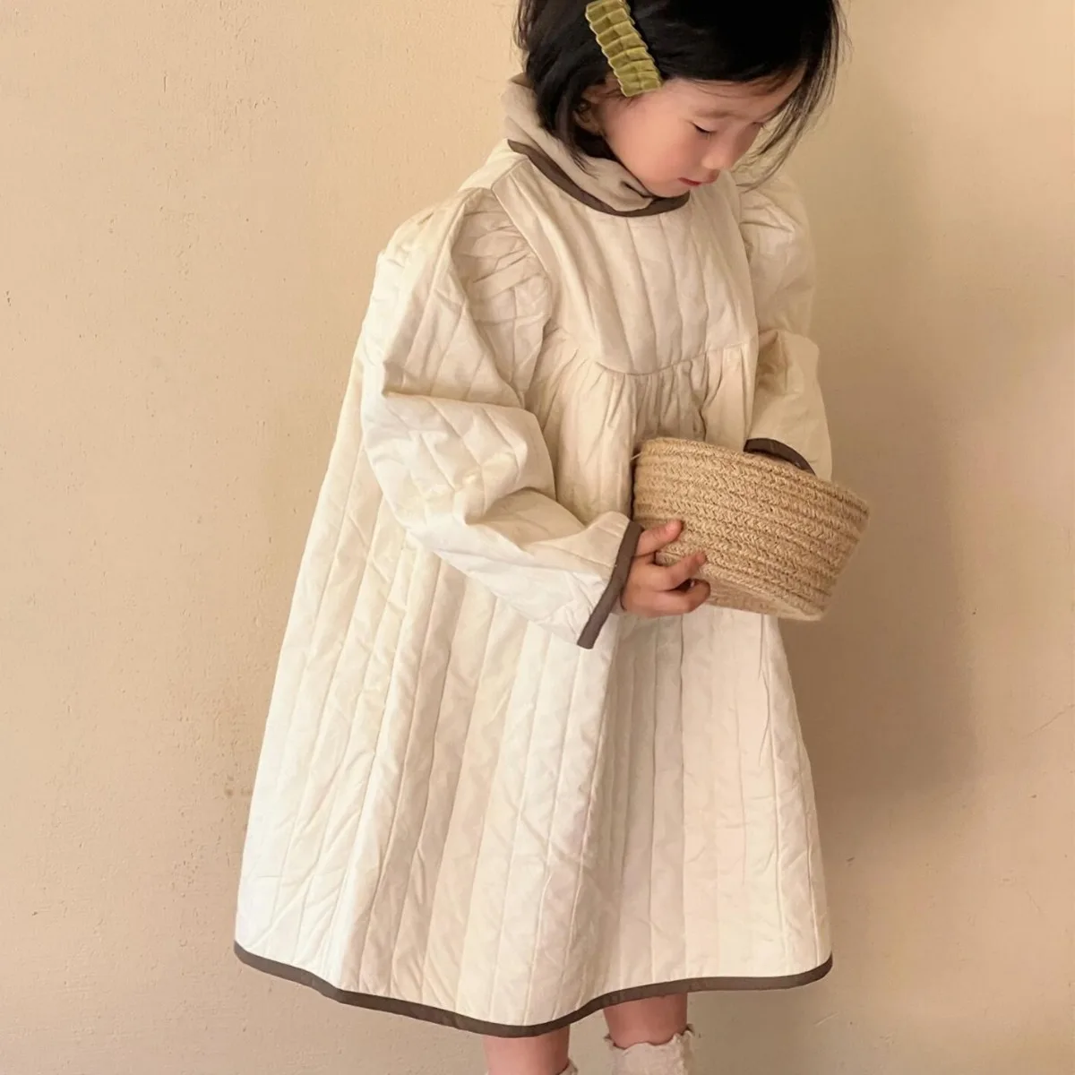 Girls Casual Dresses Korean Childrens Clothing Winter Season New Solid Color Cotton Clip Retro Style Round Neck