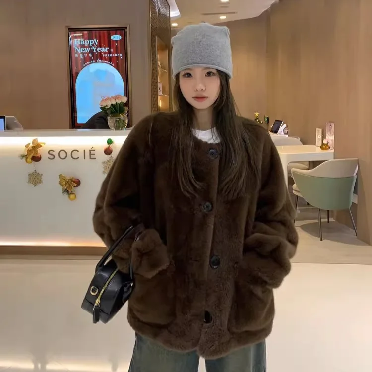 Imitation Mink Velvet Collar Furry Coat Female Young Style Mink Short Style 2025 Winter Eco-friendly Fur Advanced Fashion Wh31