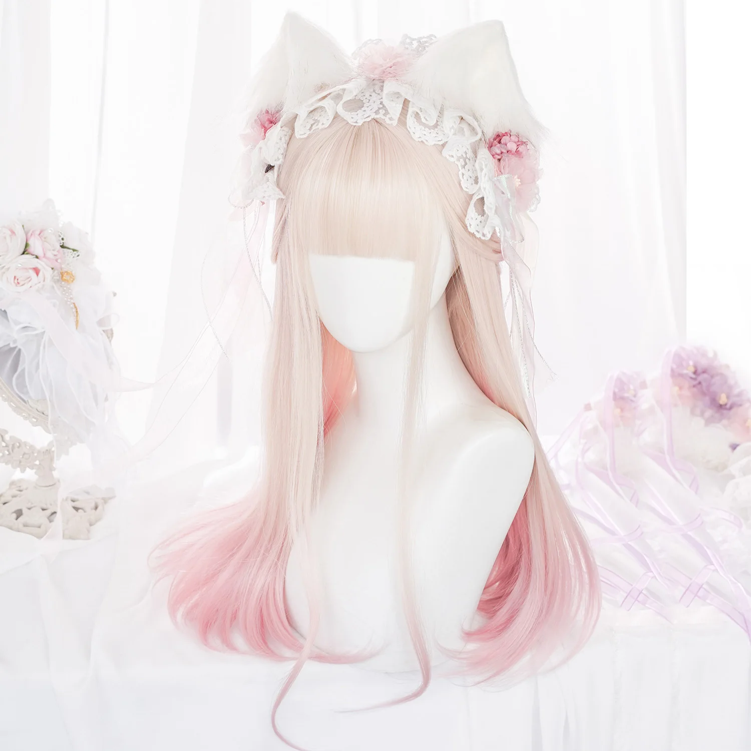 HANEROU Cos-Peluca de Lolita para mujer, pelo largo y liso sintético, color rubio y rosa, para fiesta, Cosplay