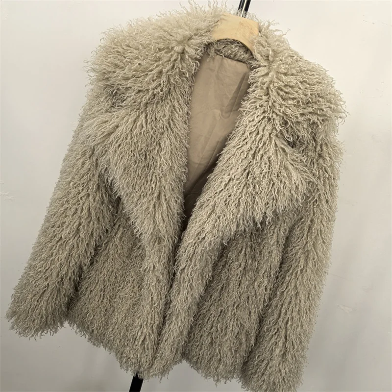 

2025 Fashion Women's Faux Fur Short Coat Autumn Winter Imitation Mongolia Sheep Fur Jacket Lapel Warm Outerwear Streetwear Tops