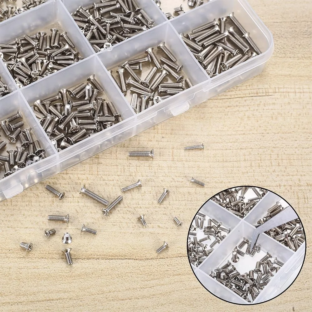 1061Pcs Mini Screws Set M1.4 M1.7 M2 M2.5 Flat Head Small Micro Countersunk Screw Machine Screws for Watches Computer Glasses