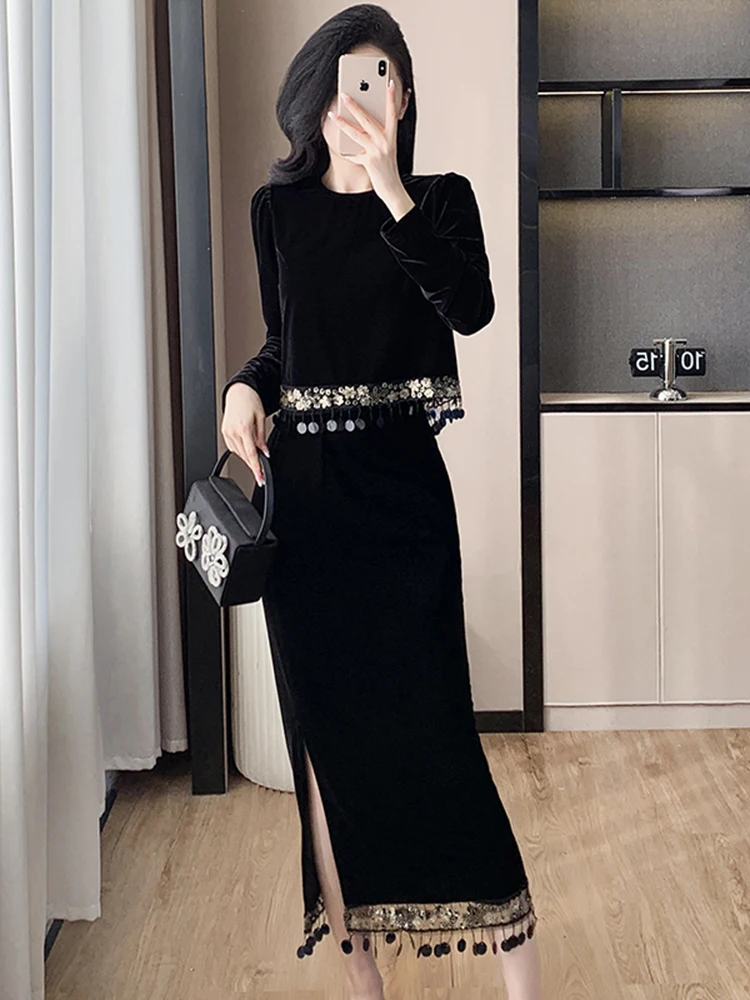 

Комплект из топа и юбки миди с пайетками Ele round Ne, весна-осень, женский, облегающий, модный